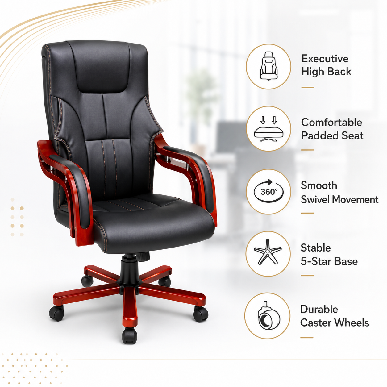 Luxury Executive Office Chair High-Back Padded PU Leather Desk Chair with Mahogany Wooden Frame Accent, 360° Swivel Base & Comfortable Ergonomic Armrests (Black)