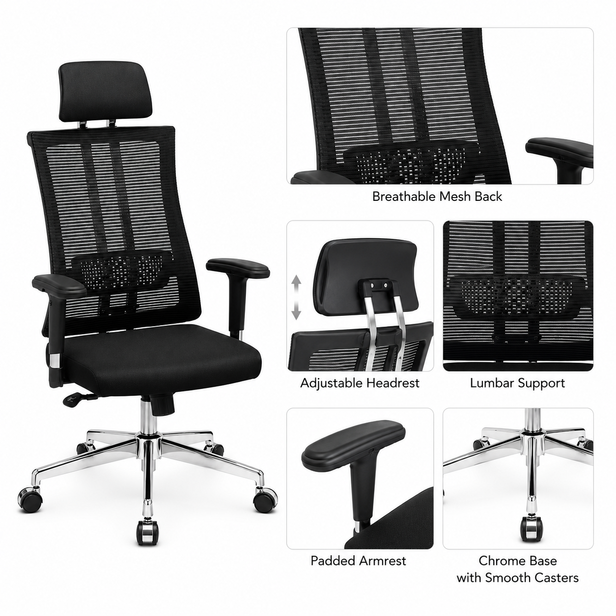 Ergonomic Mesh Executive Office Chair – High-Back Desk Chair with Adjustable Headrest, Lumbar Support, 360° Swivel Chrome Base & Padded Height-Adjustable Armrests (Black)
