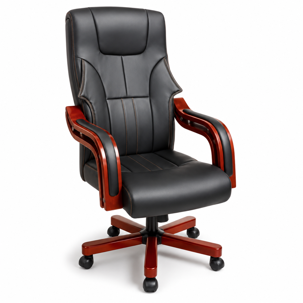 Luxury Executive Office Chair High-Back Padded PU Leather Desk Chair with Mahogany Wooden Frame Accent, 360° Swivel Base & Comfortable Ergonomic Armrests (Black)