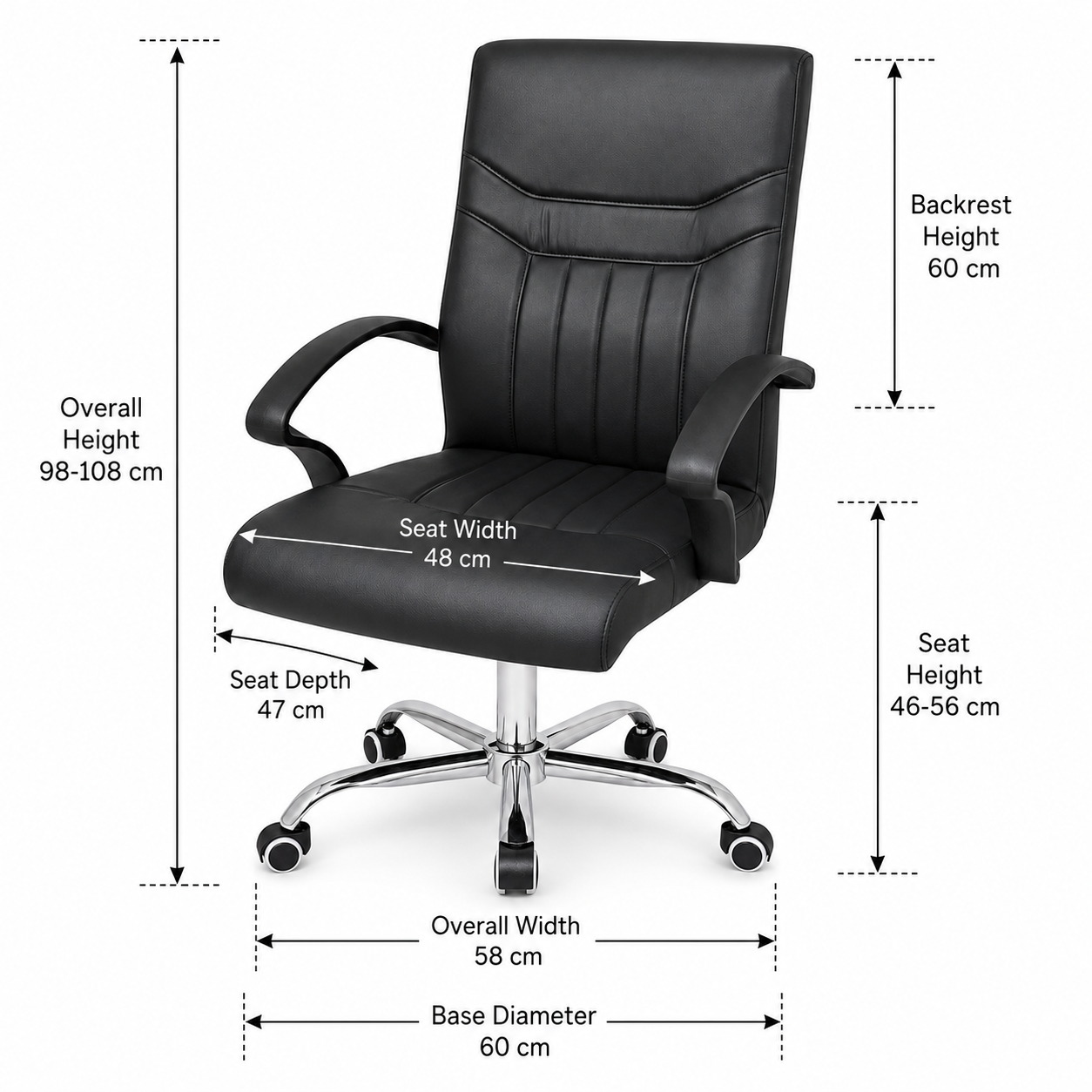Ergonomic Executive Office Chair – Premium Mid-Back Padded Faux Leather Desk Chair with 360° Swivel Chrome 5-Star Base, Height Adjustment & Comfortable Fixed Armrests (Black)