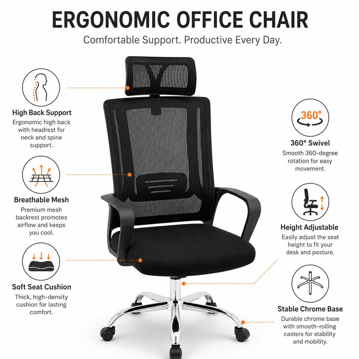 Ergonomic Mesh Executive Office Chair – High Back Desk Chair with Adjustable Headrest, Lumbar Support, 360° Swivel Chrome Base & Comfort Armrests for Home Office, Study (Black)