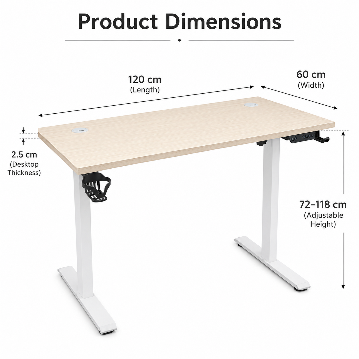 Electric Height Adjustable Standing Desk 120cm Smart Control Panel Sit Stand Motorized Office Desk with Cup Holder & Cable Ports (Light Wood)