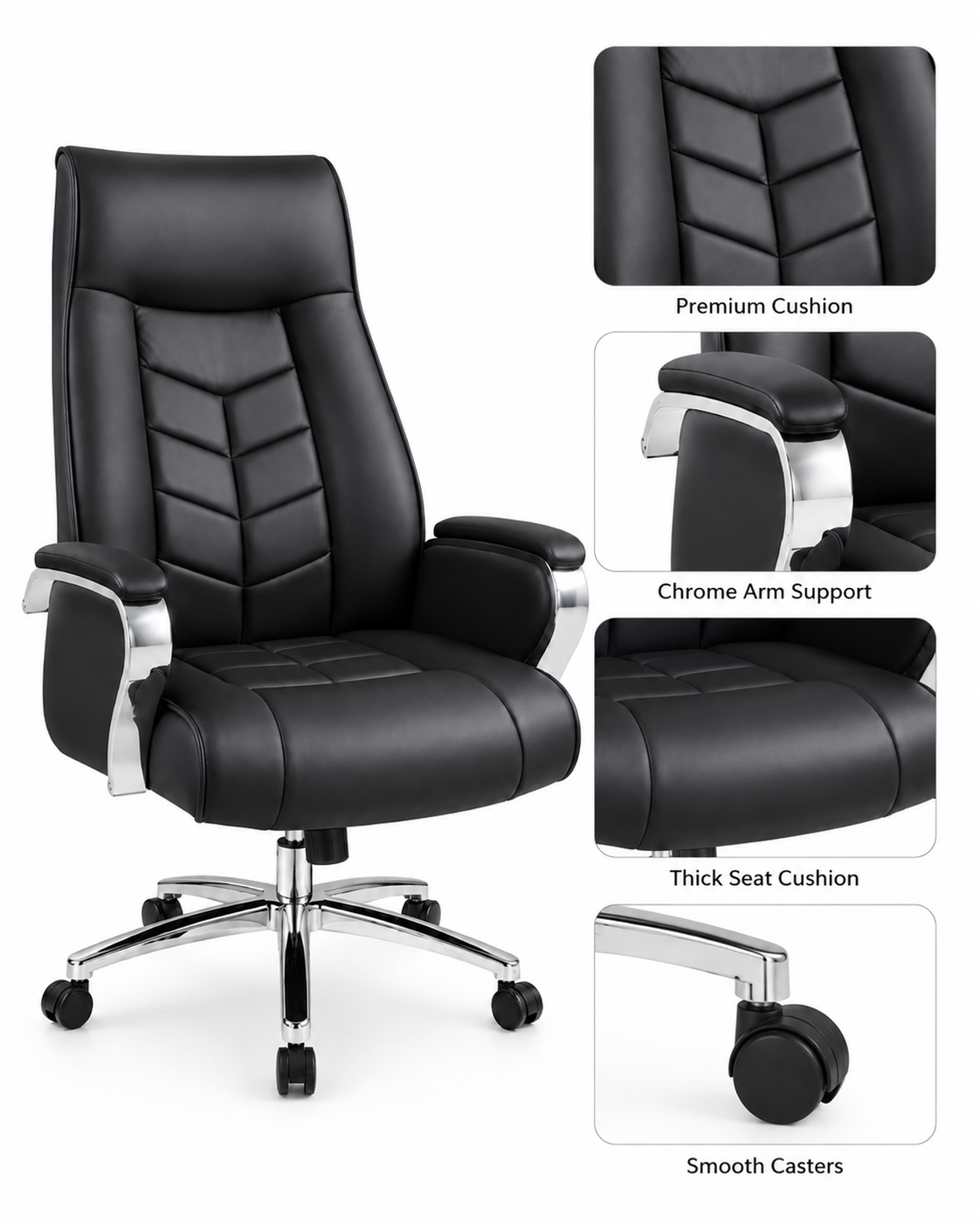 Premium Executive Office Chair – High-Back Ergonomic Desk Chair with Tiered Lumbar Support, Chrome Armrests & 360° Swivel Base (Midnight Black)