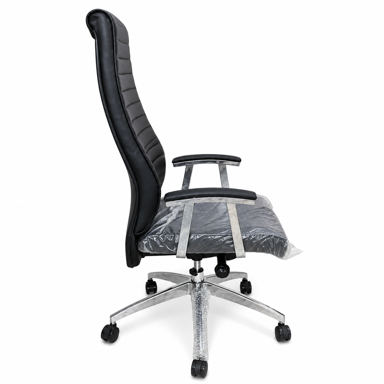 Premium Executive Office Chair – High-Back Ribbed PU Leather Desk Chair with Padded Chrome Armrests & 360° Swivel Base for Work & Study (Black)