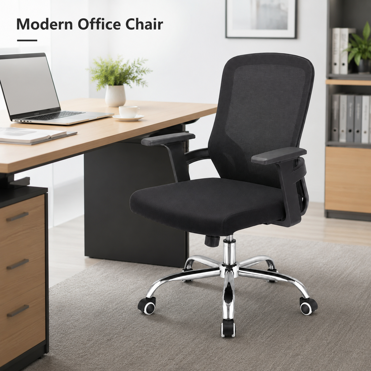 Ergonomic Mesh Office Chair with Chrome Five-Star Base – Adjustable Swivel Desk Chair, Padded Cushion Seat & Fixed Armrests for Home Office, Corporate, Study
