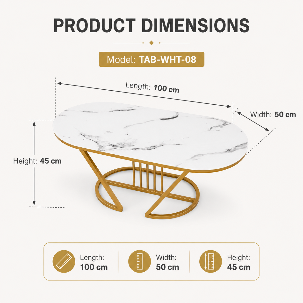 Modern Luxury Marble-Effect Coffee Table with Gold Metal Frame – 100cm Oval Living Room Center Table, Stable Base for Home, Airbnb, Executive Lounge