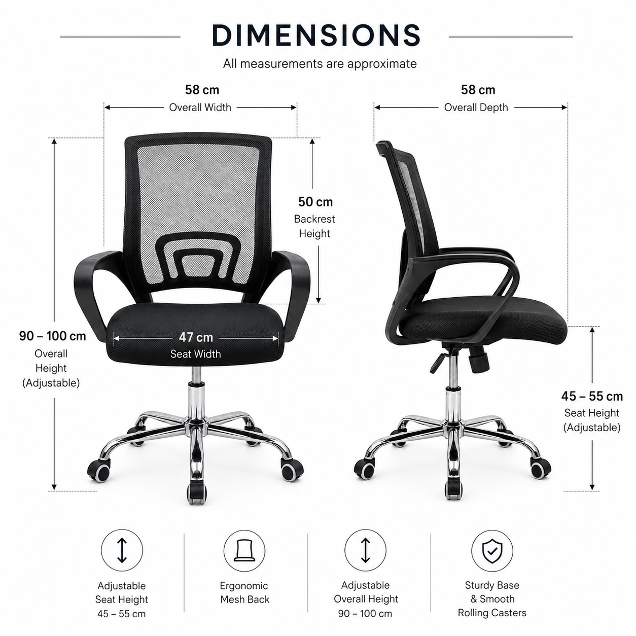 Ergonomic Mesh Office Chair – Breathable Mid-Back Desk Chair with Built-In Lumbar Support, Comfort Padded Seat & 360° Swivel Chrome Base for Home Office, Study (Black)