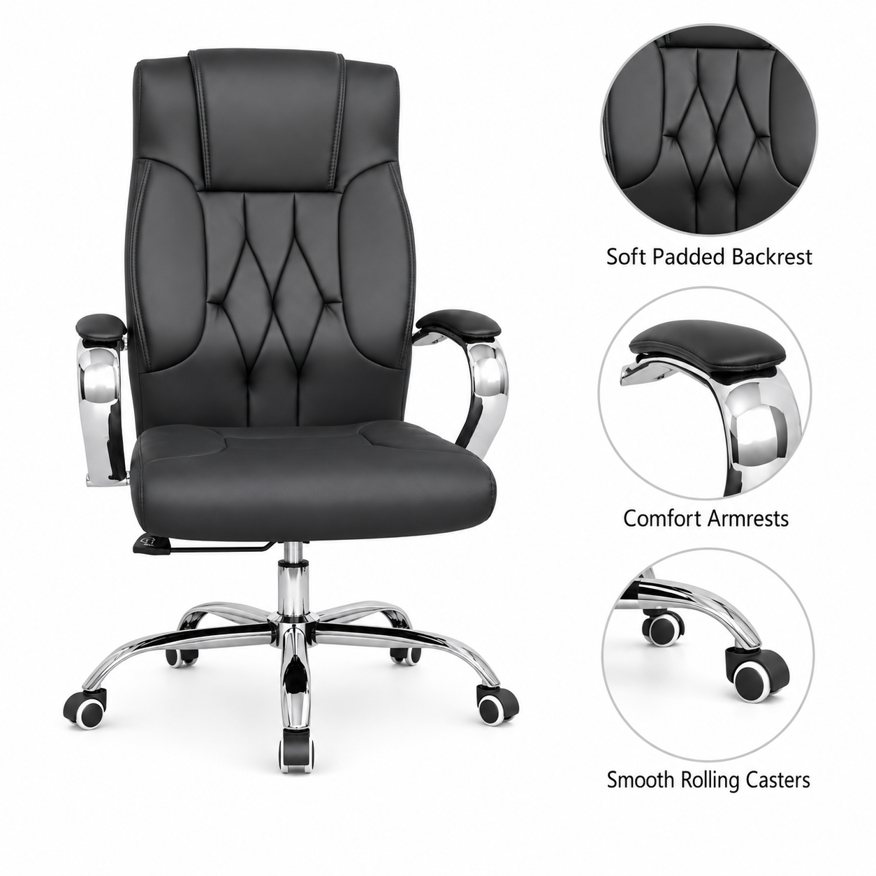 Premium Executive Office Chair High-Back Padded Luxury Desk Chair with Chrome Armrests, Diamond Tufted Design & 360° Swivel Base (Black)