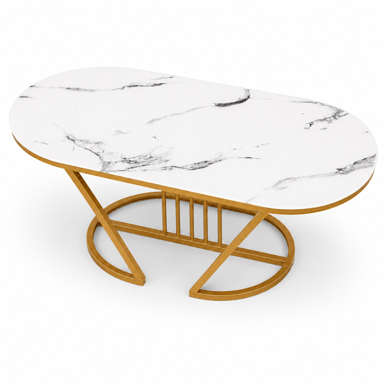 Modern Luxury Marble-Effect Coffee Table with Gold Metal Frame – 100cm Oval Living Room Center Table, Stable Base for Home, Airbnb, Executive Lounge