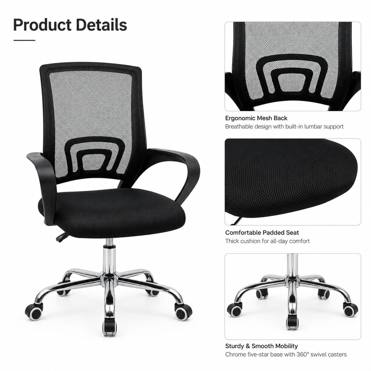 Ergonomic Mesh Office Chair – Breathable Mid-Back Desk Chair with Built-In Lumbar Support, Comfort Padded Seat & 360° Swivel Chrome Base for Home Office, Study (Black)