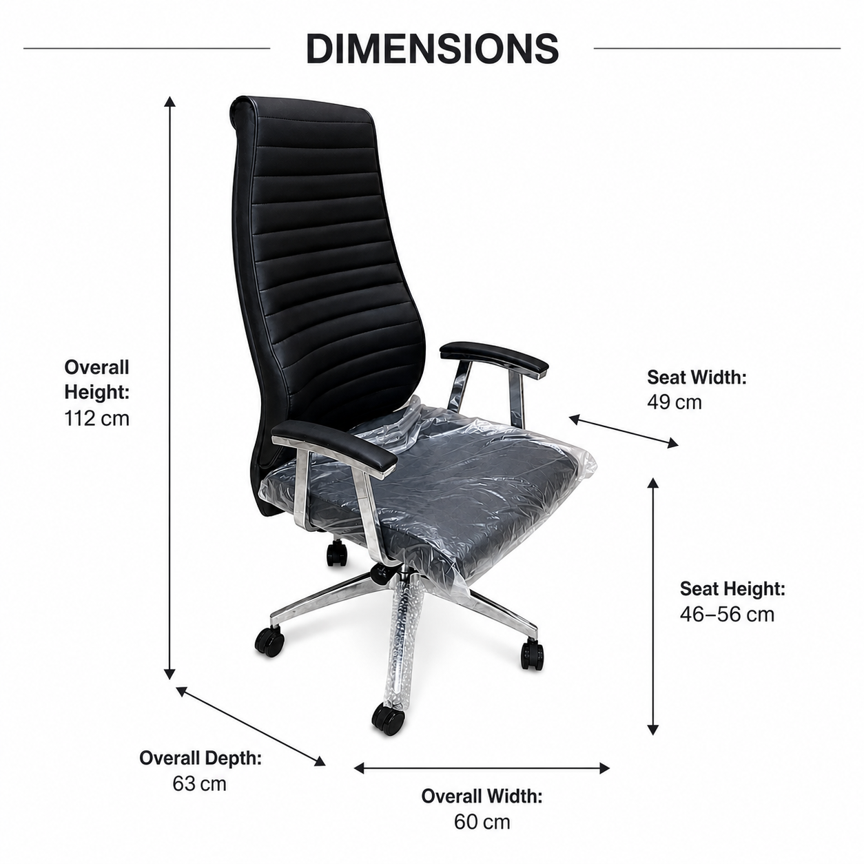 Premium Executive Office Chair – High-Back Ribbed PU Leather Desk Chair with Padded Chrome Armrests & 360° Swivel Base for Work & Study (Black)
