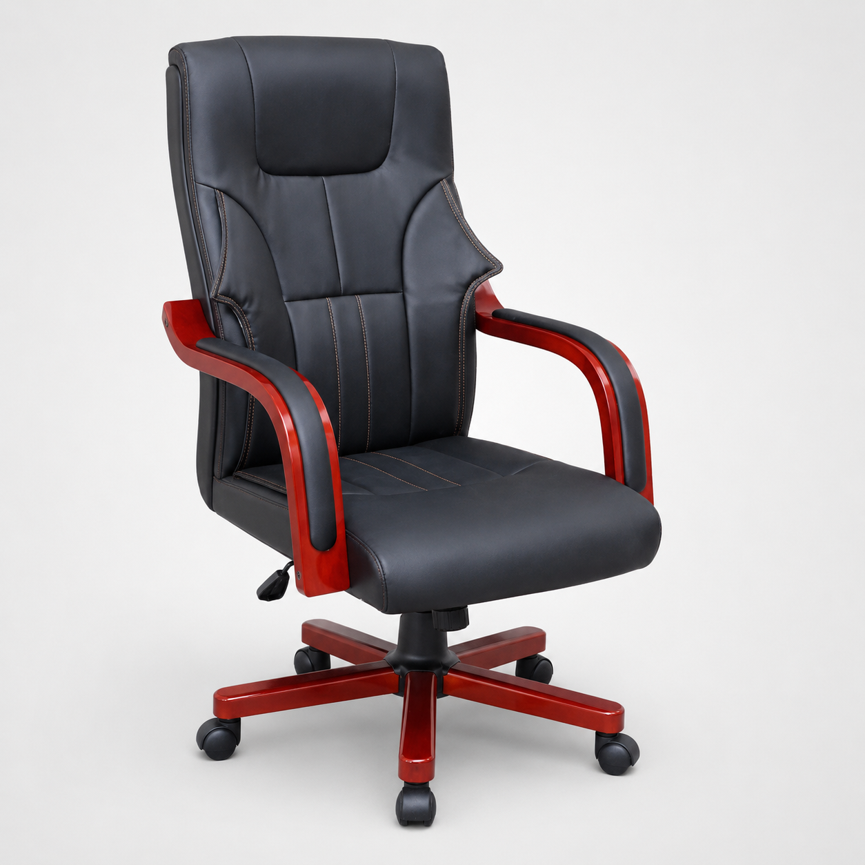 Luxury Executive Office Chair High-Back Padded PU Leather Desk Chair with Mahogany Wooden Frame Accent, 360° Swivel Base & Comfortable Ergonomic Armrests (Black)