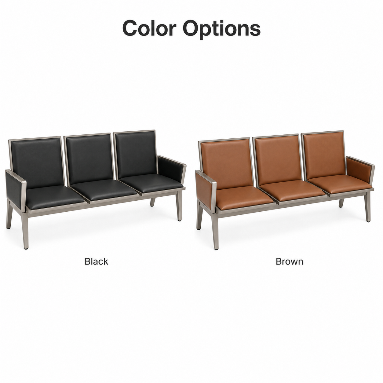 Executive 3-Seater Waiting Bench Sofa – Premium Metal Reception Airport Bench with Cushioned PU Leather Padding and Side Armrests for Office, Clinic Lounge, Salon, Bank