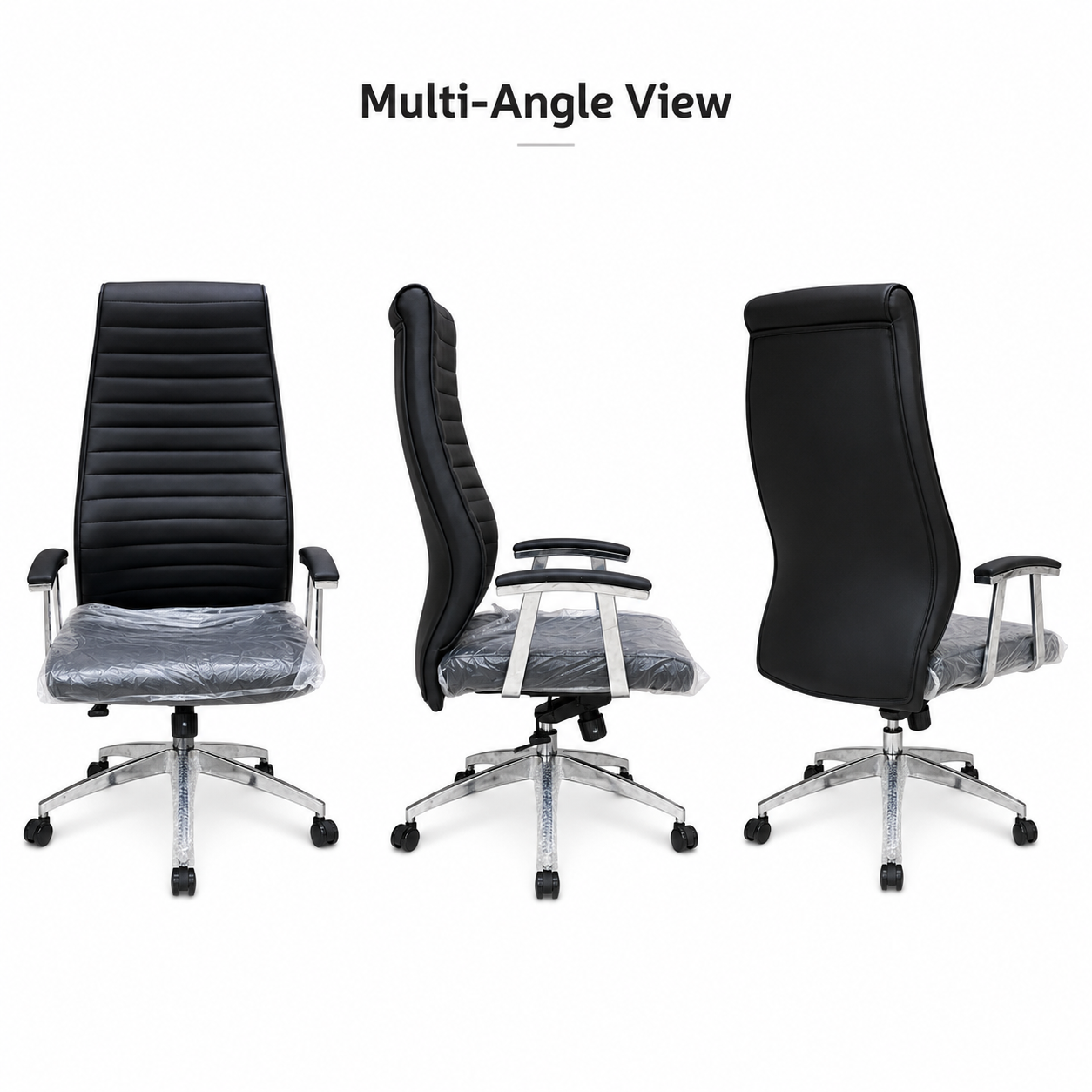 Premium Executive Office Chair – High-Back Ribbed PU Leather Desk Chair with Padded Chrome Armrests & 360° Swivel Base for Work & Study (Black)