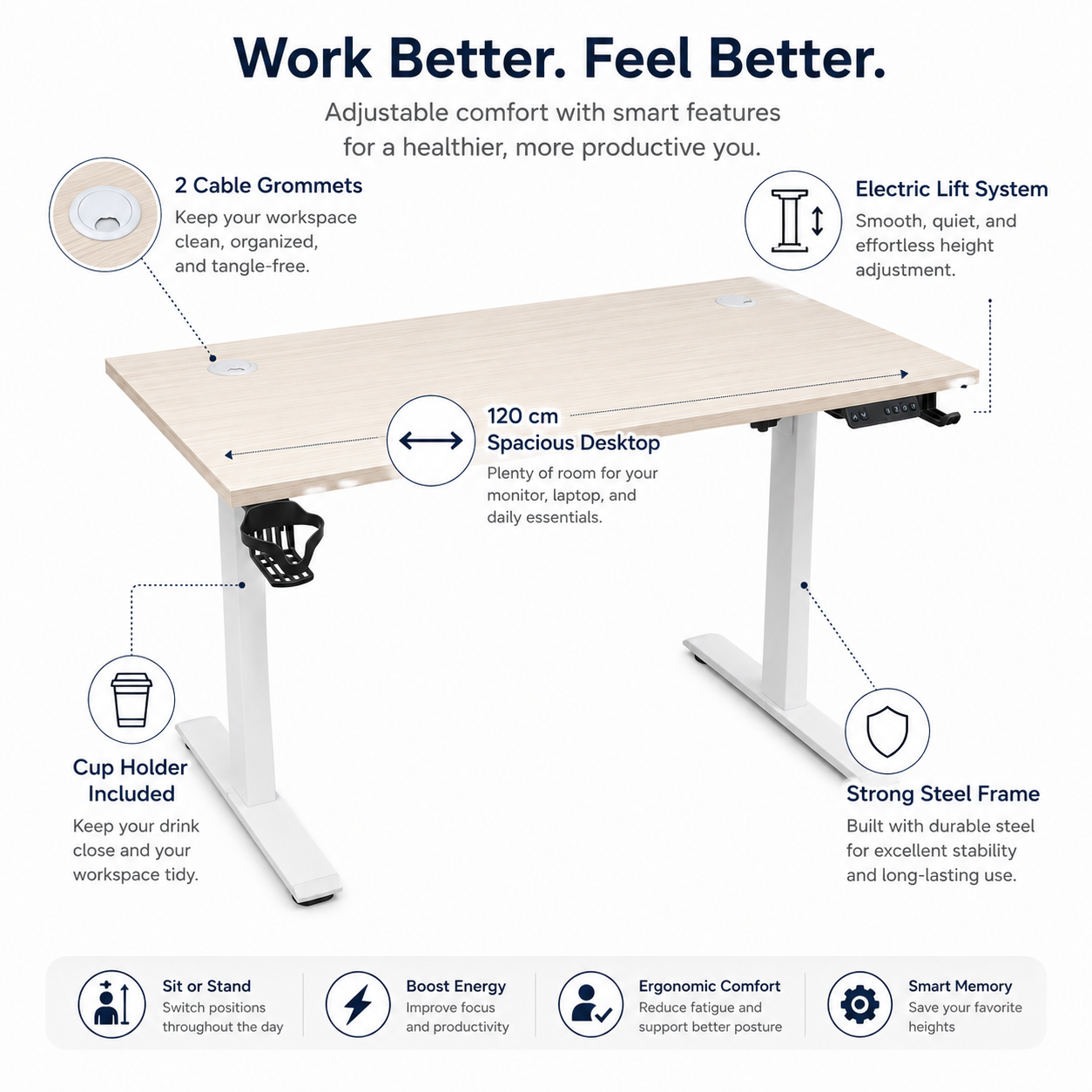 Electric Height Adjustable Standing Desk 120cm Smart Control Panel Sit Stand Motorized Office Desk with Cup Holder & Cable Ports (Light Wood)