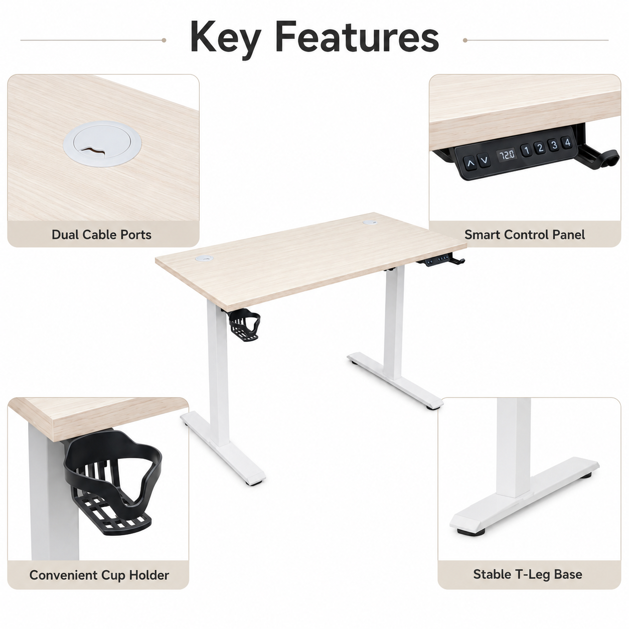 Electric Height Adjustable Standing Desk 120cm Smart Control Panel Sit Stand Motorized Office Desk with Cup Holder & Cable Ports (Light Wood)