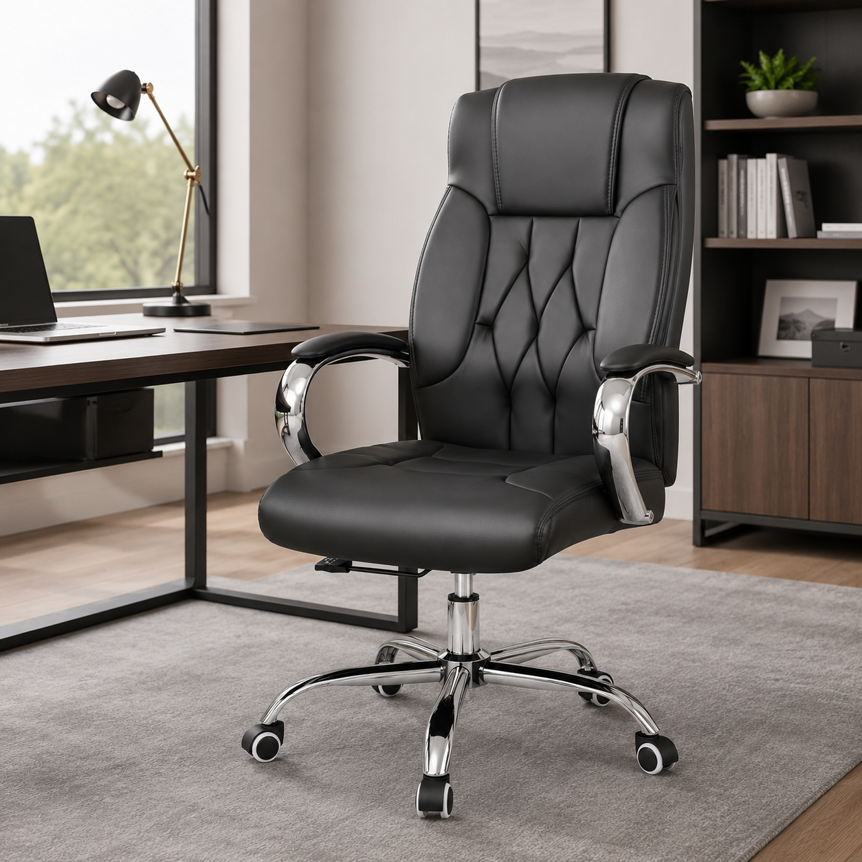 Premium Executive Office Chair High-Back Padded Luxury Desk Chair with Chrome Armrests, Diamond Tufted Design & 360° Swivel Base (Black)