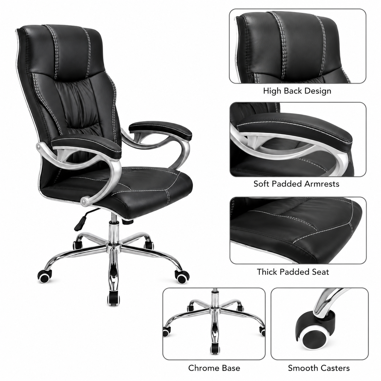Premium Ergonomic Executive Office Chair F226-1 – High Back Padded Luxury Desk Chair with Chrome 5-Star Swivel Base, Height Adjustment & Soft Armrests for Office, Home Study (Black)