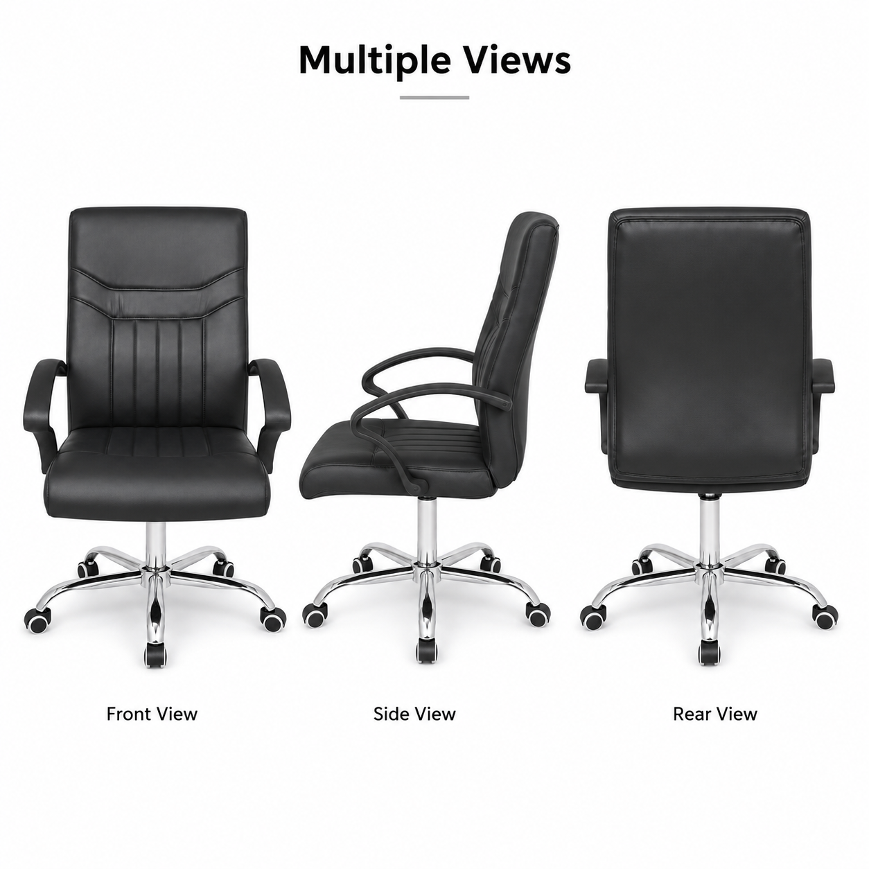 Ergonomic Executive Office Chair – Premium Mid-Back Padded Faux Leather Desk Chair with 360° Swivel Chrome 5-Star Base, Height Adjustment & Comfortable Fixed Armrests (Black)
