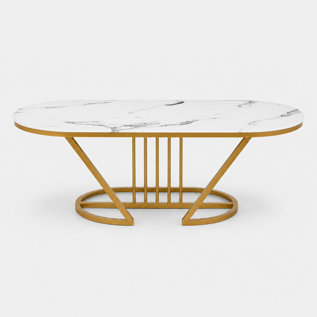 Modern Luxury Marble-Effect Coffee Table with Gold Metal Frame – 100cm Oval Living Room Center Table, Stable Base for Home, Airbnb, Executive Lounge