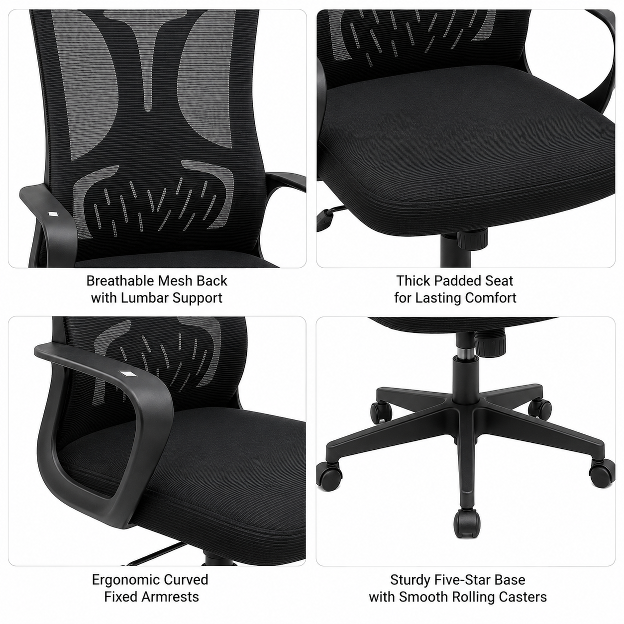 Ergonomic Mesh Office Chair Mid-Back Desk Task Chair with Built-In Lumbar Support, Comfort Padded Seat, 360° Swivel Workstation for Home Office & Study