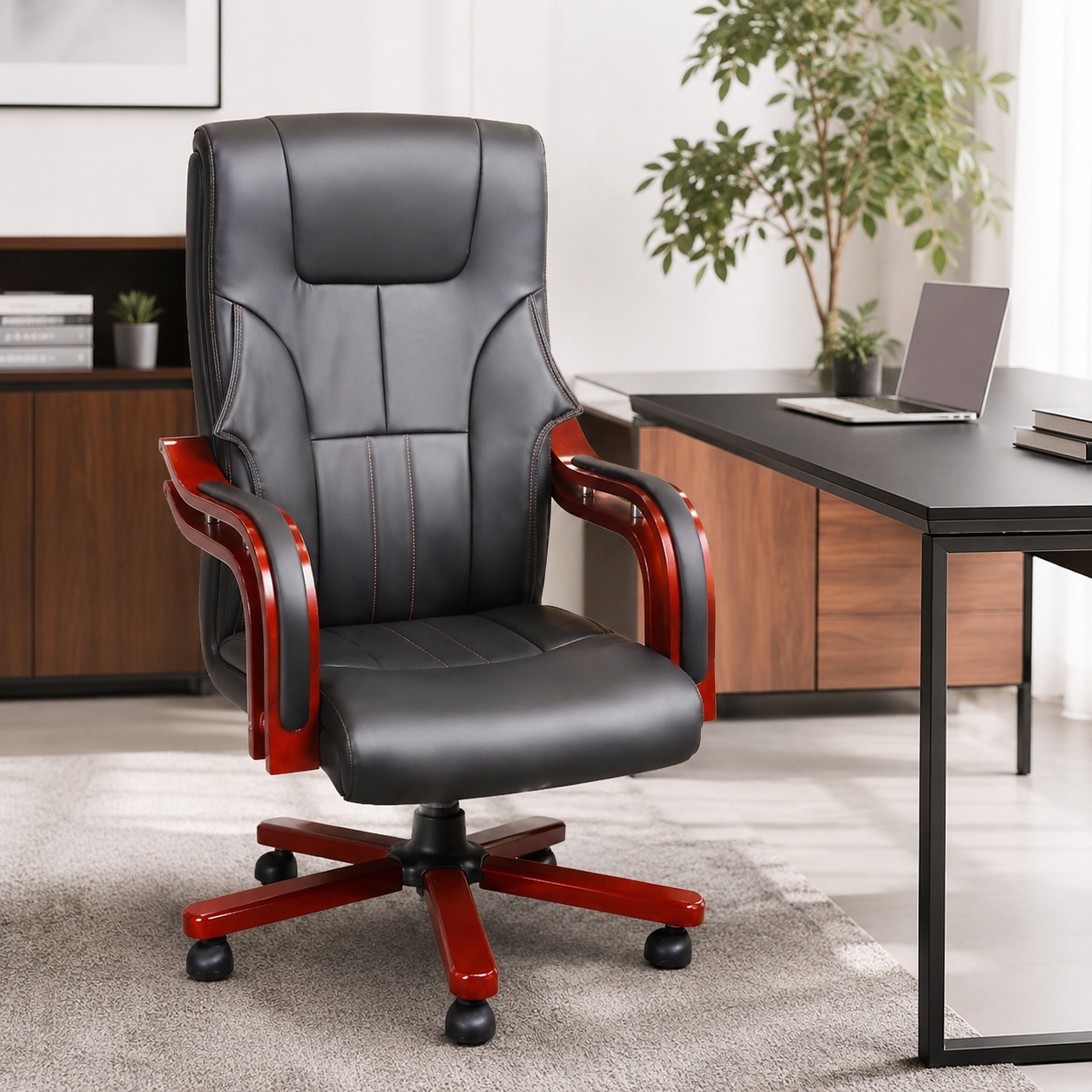 Luxury Executive Office Chair High-Back Padded PU Leather Desk Chair with Mahogany Wooden Frame Accent, 360° Swivel Base & Comfortable Ergonomic Armrests (Black)