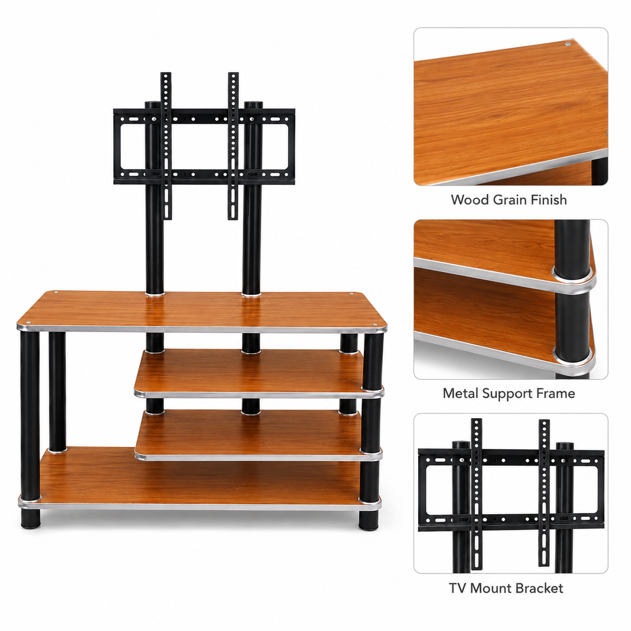 Smart Asymmetric TV Stand with Integrated Mount for 32–55 Inch TVs – 3-Tier Right-Stacked Open Storage Console Table, Heavy-Duty Media Center for Subwoofers & Living Room