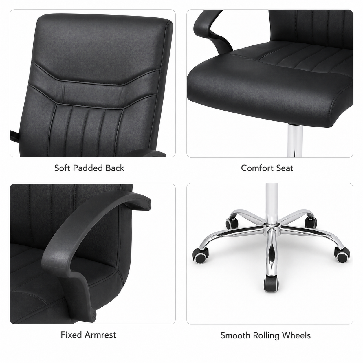 Ergonomic Executive Office Chair – Premium Mid-Back Padded Faux Leather Desk Chair with 360° Swivel Chrome 5-Star Base, Height Adjustment & Comfortable Fixed Armrests (Black)