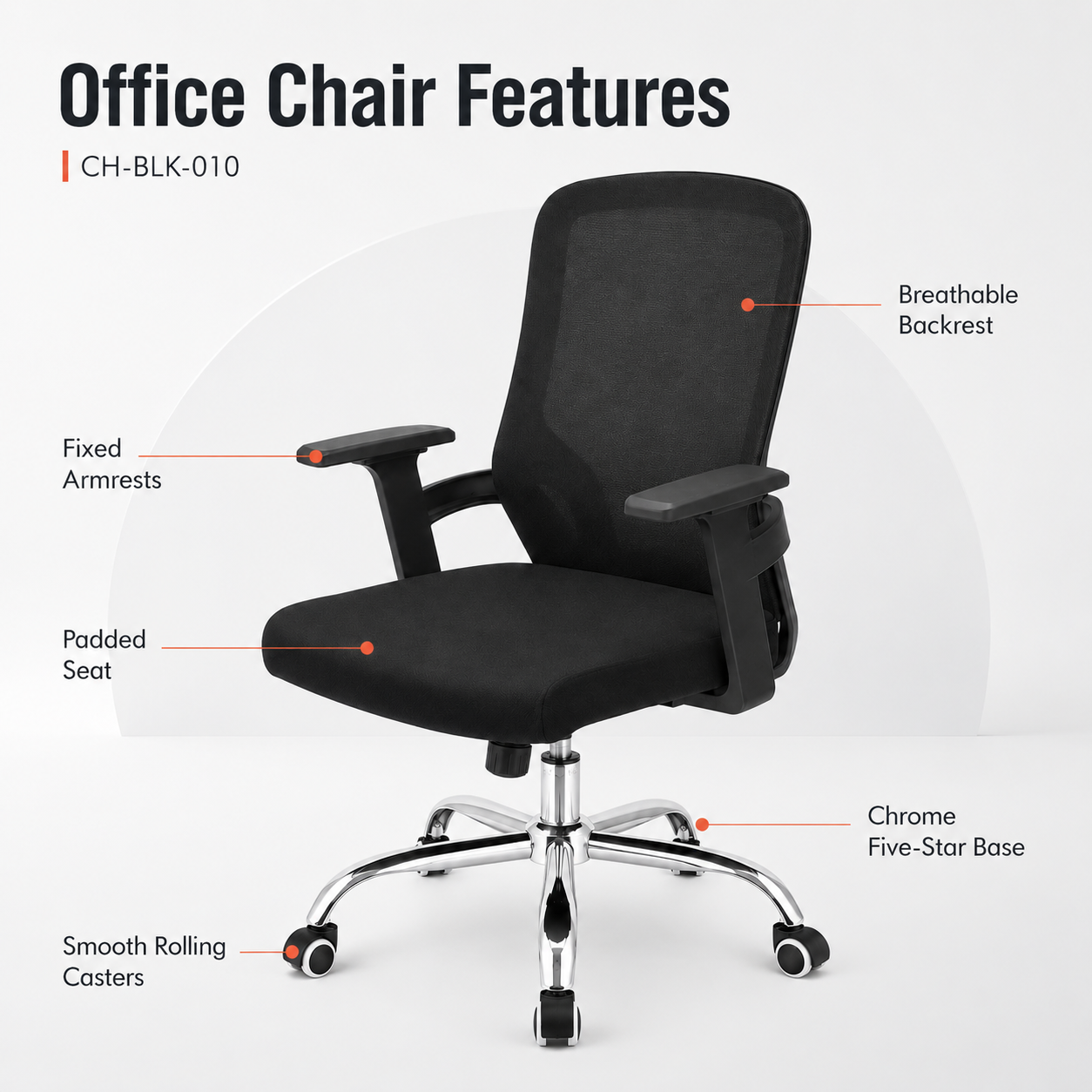 Ergonomic Mesh Office Chair with Chrome Five-Star Base – Adjustable Swivel Desk Chair, Padded Cushion Seat & Fixed Armrests for Home Office, Corporate, Study