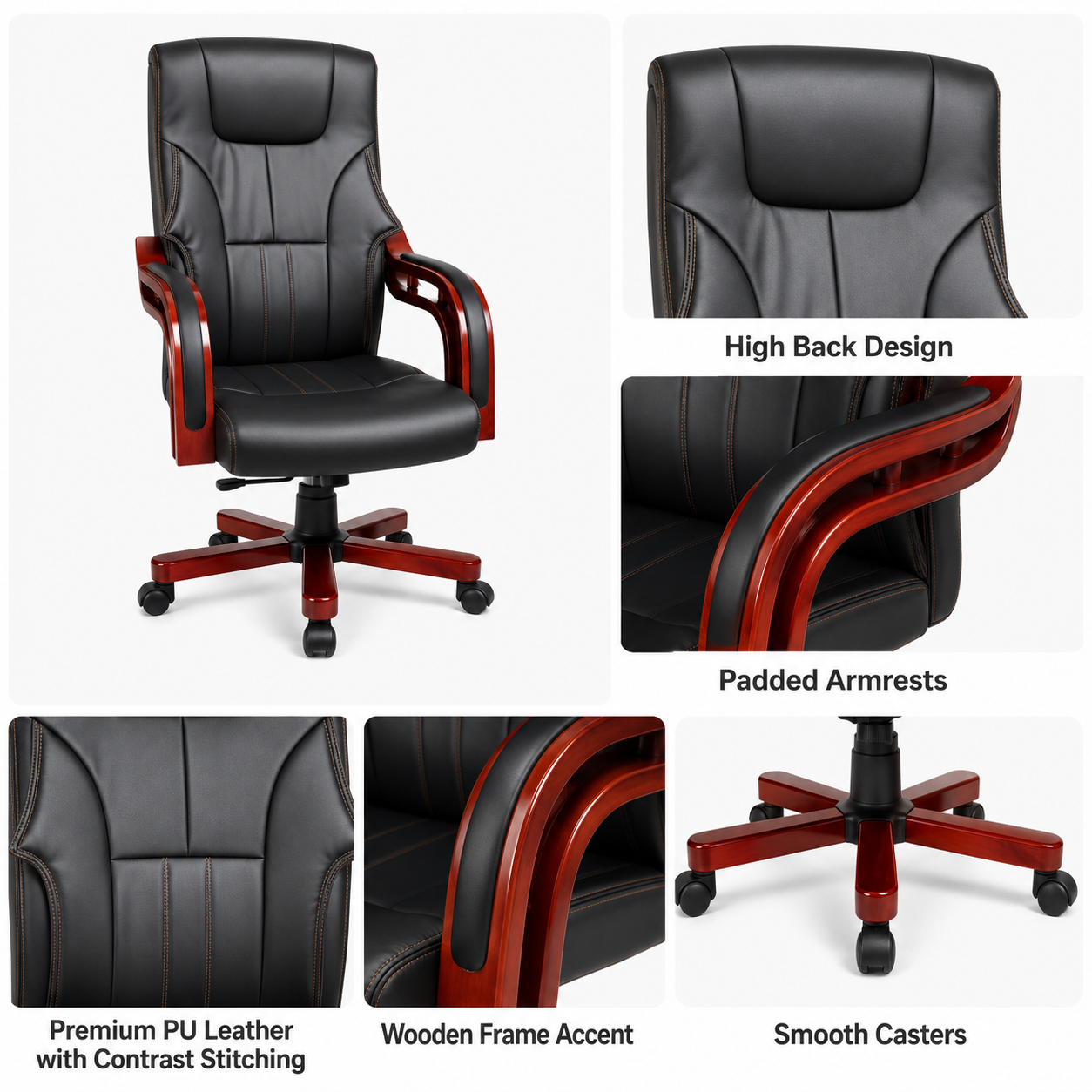 Luxury Executive Office Chair High-Back Padded PU Leather Desk Chair with Mahogany Wooden Frame Accent, 360° Swivel Base & Comfortable Ergonomic Armrests (Black)
