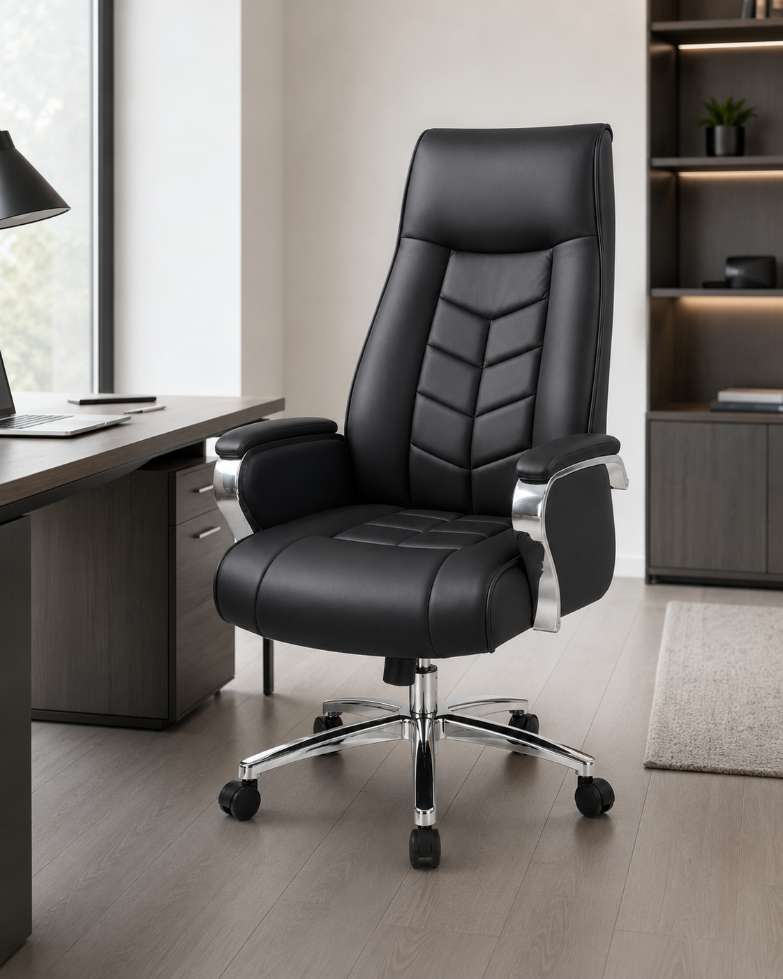 Premium Executive Office Chair – High-Back Ergonomic Desk Chair with Tiered Lumbar Support, Chrome Armrests & 360° Swivel Base (Midnight Black)