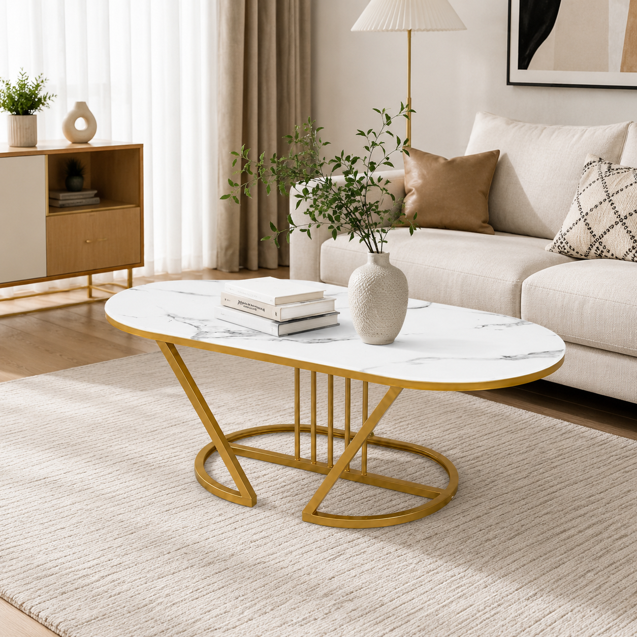 Modern Luxury Marble-Effect Coffee Table with Gold Metal Frame – 100cm Oval Living Room Center Table, Stable Base for Home, Airbnb, Executive Lounge