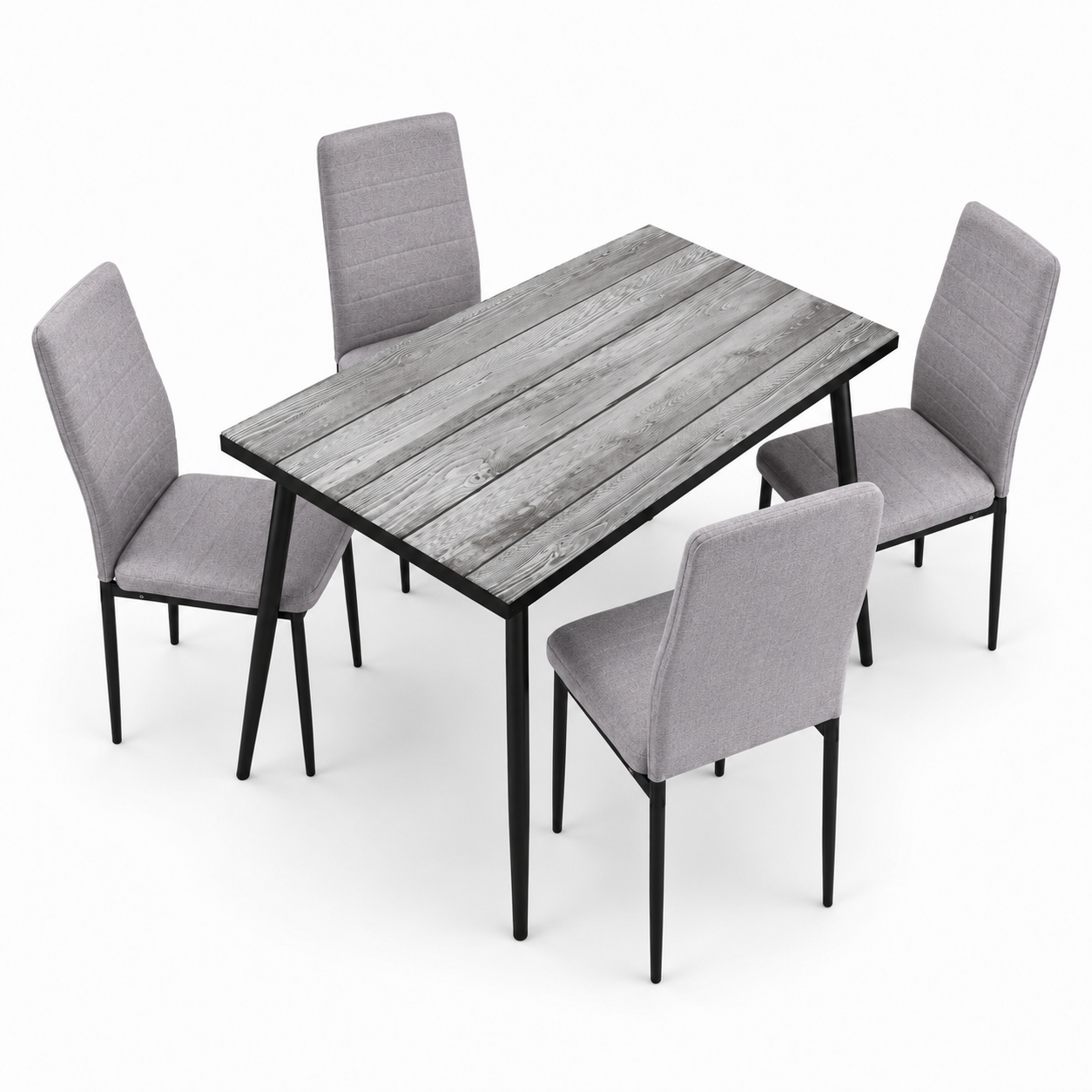 Modern 5-Piece Dining Table Set – Weathered Gray Wood-Style Table with 4 Matching Channel-Stitched Upholstered Fabric Chairs, Stable Metal Legs for Home Kitchen, Airbnb
