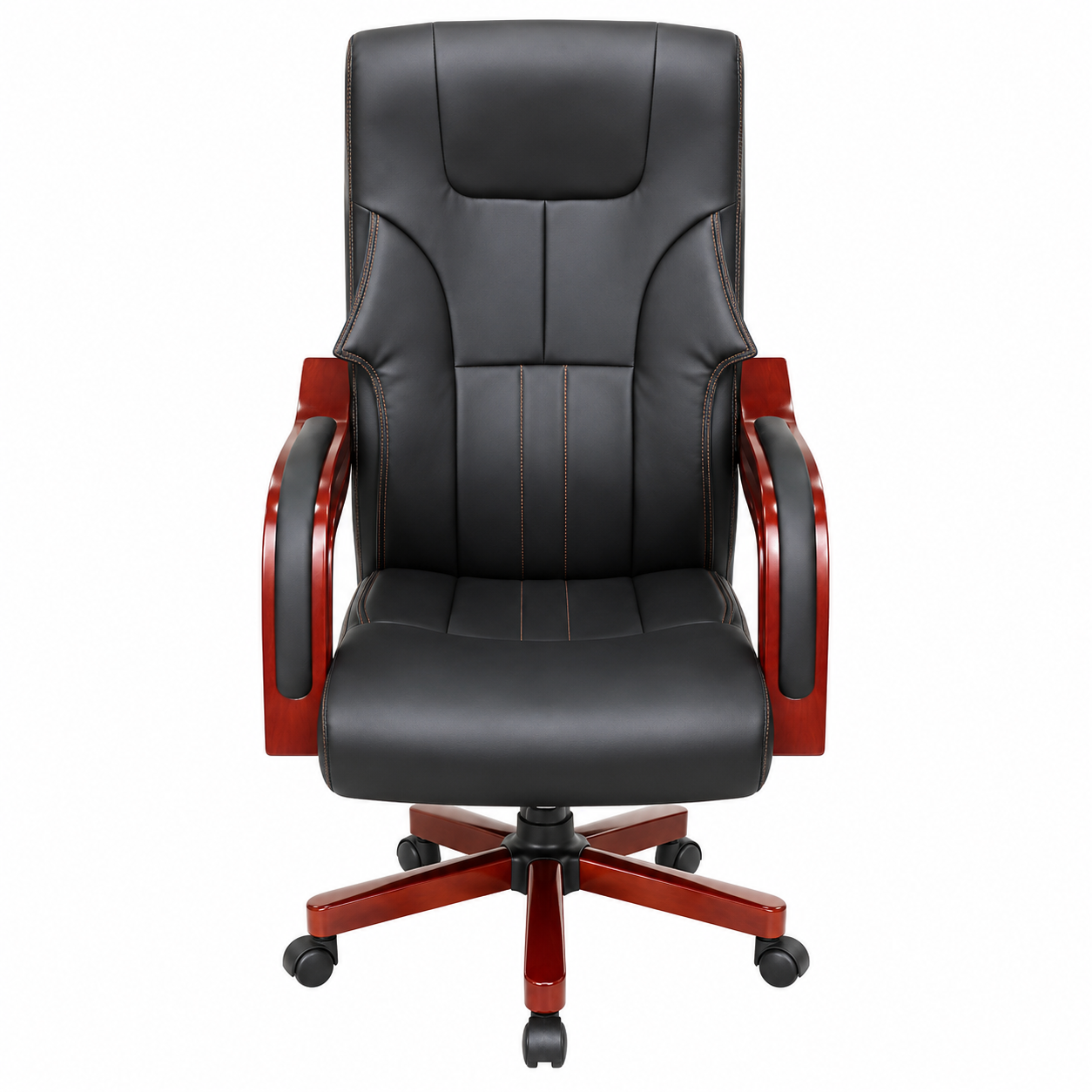 Luxury Executive Office Chair High-Back Padded PU Leather Desk Chair with Mahogany Wooden Frame Accent, 360° Swivel Base & Comfortable Ergonomic Armrests (Black)