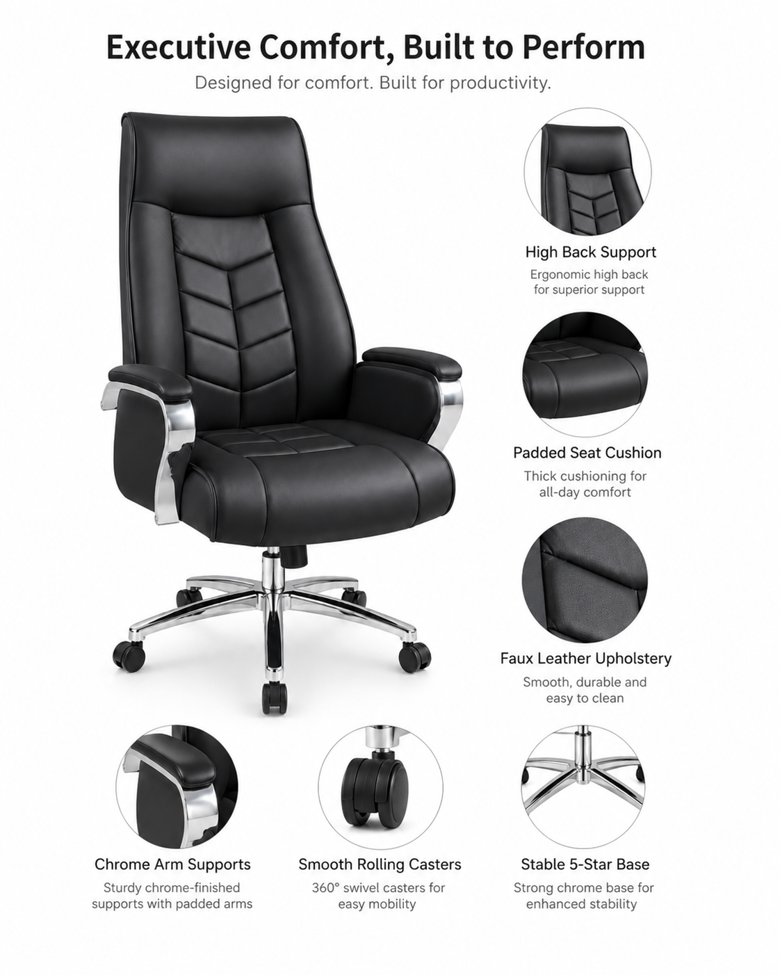 Premium Executive Office Chair – High-Back Ergonomic Desk Chair with Tiered Lumbar Support, Chrome Armrests & 360° Swivel Base (Midnight Black)