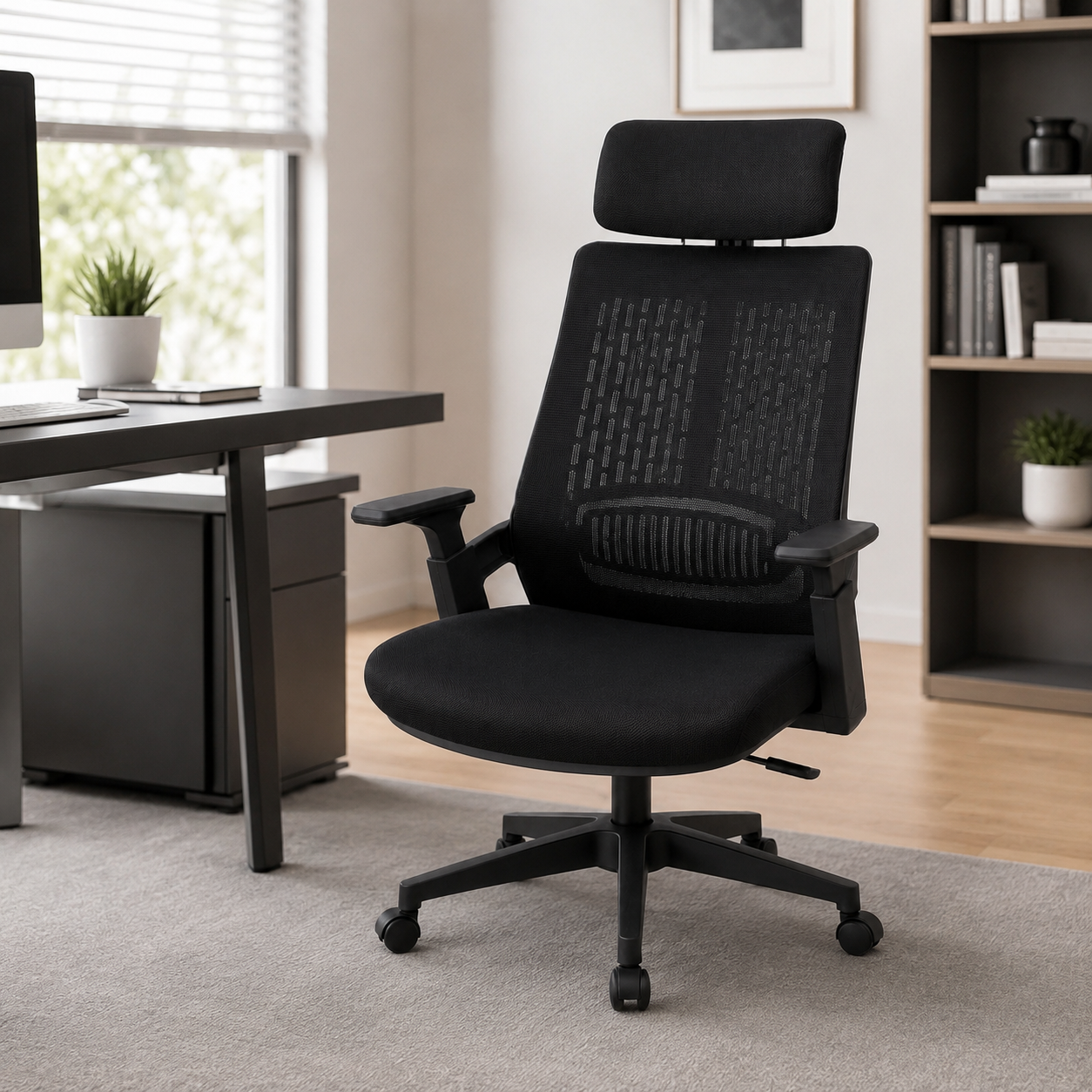 Ergonomic Mesh Office Desk Chair with Adjustable Headrest – High-Back Computer Swivel Chair, Built-in Lumbar Support & Cushioned Seat for Home Office, Executive Work