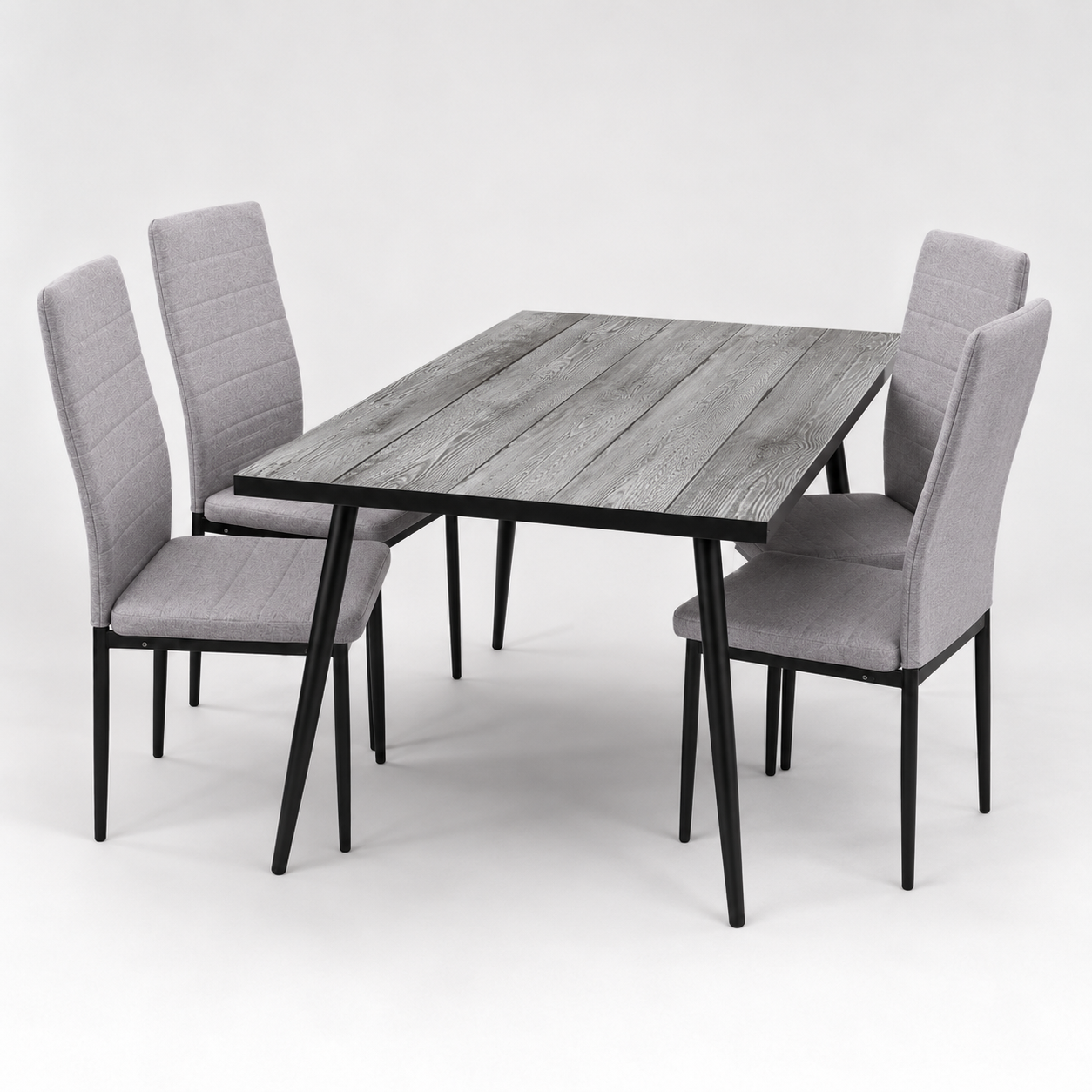Modern 5-Piece Dining Table Set – Weathered Gray Wood-Style Table with 4 Matching Channel-Stitched Upholstered Fabric Chairs, Stable Metal Legs for Home Kitchen, Airbnb