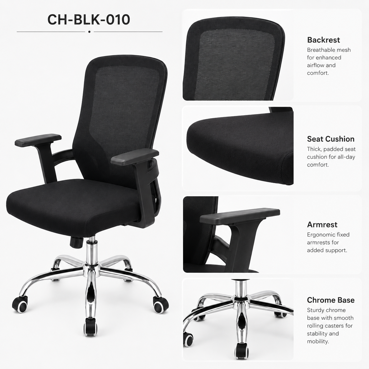 Ergonomic Mesh Office Chair with Chrome Five-Star Base – Adjustable Swivel Desk Chair, Padded Cushion Seat & Fixed Armrests for Home Office, Corporate, Study