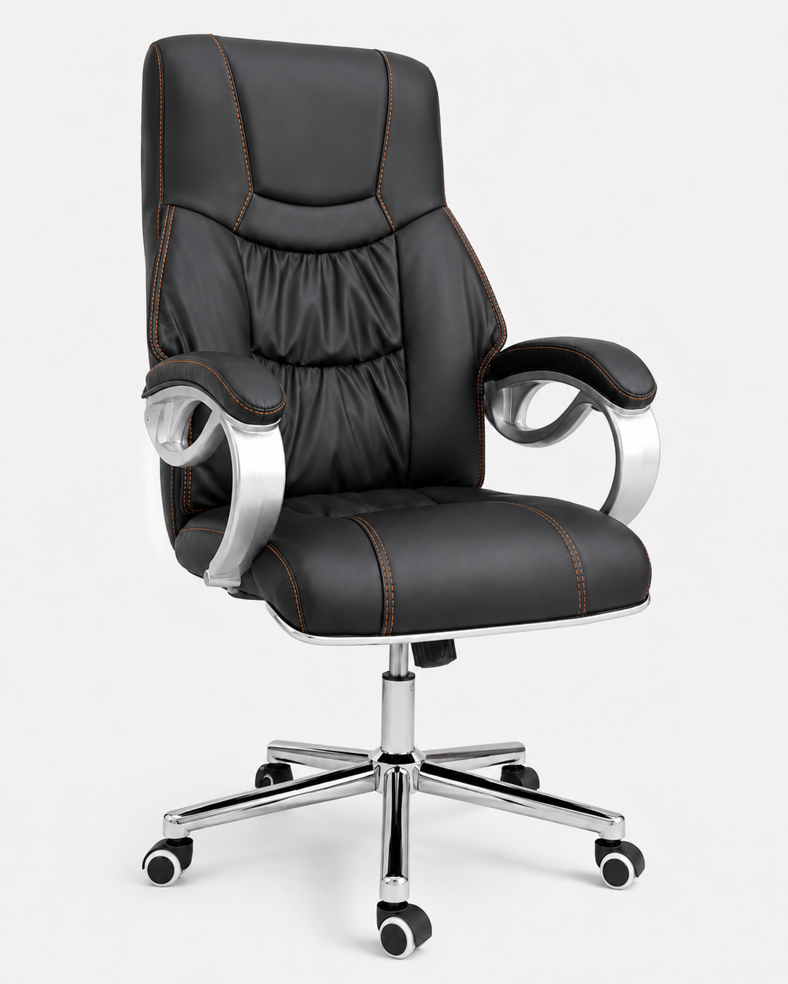 Luxury High-Back Executive Office Chair – Ergonomic PU Leather Desk Chair with Contrast Stitching, Comfortable Padded Armrests & Chrome Swivel Base for Boss, Home Office