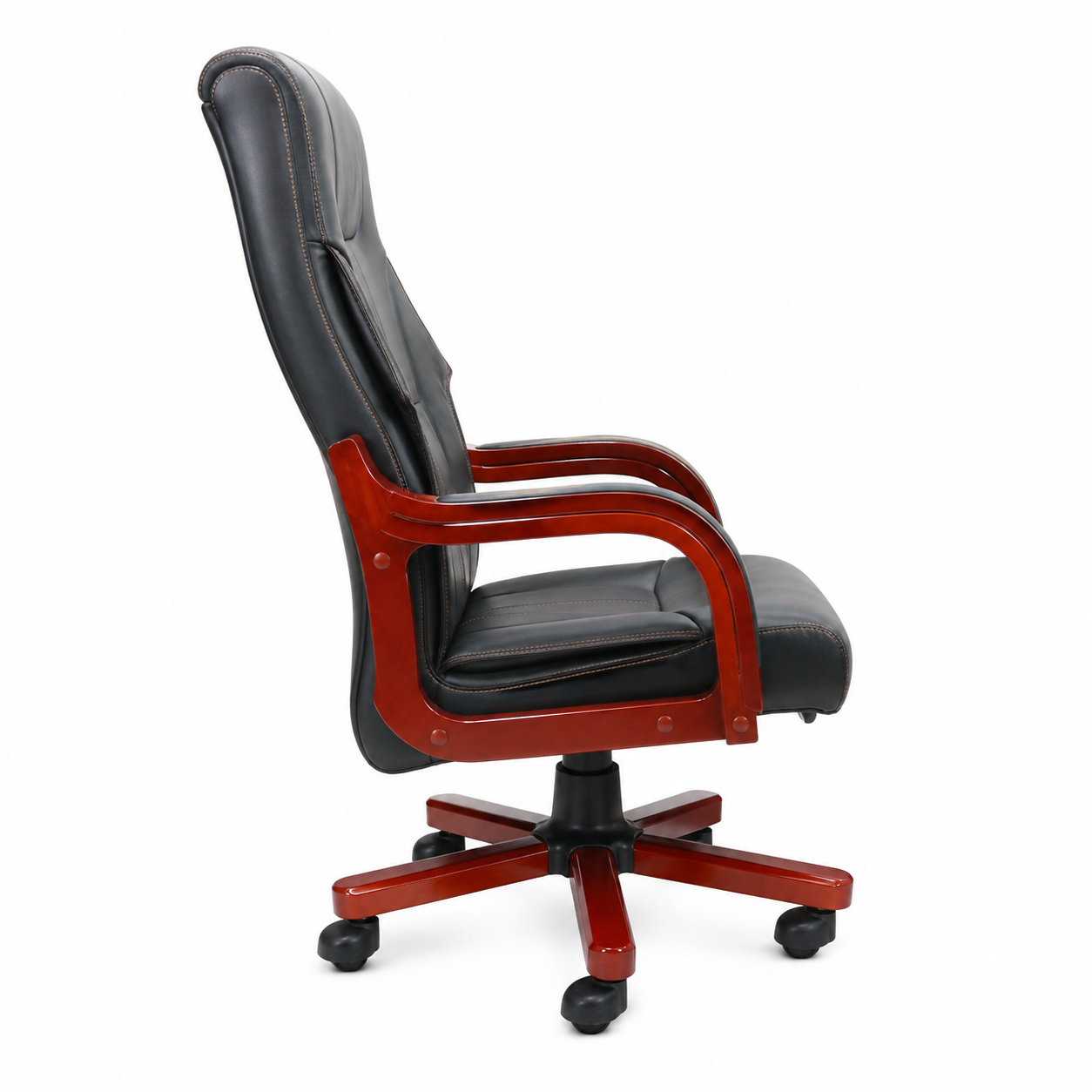 Luxury Executive Office Chair High-Back Padded PU Leather Desk Chair with Mahogany Wooden Frame Accent, 360° Swivel Base & Comfortable Ergonomic Armrests (Black)