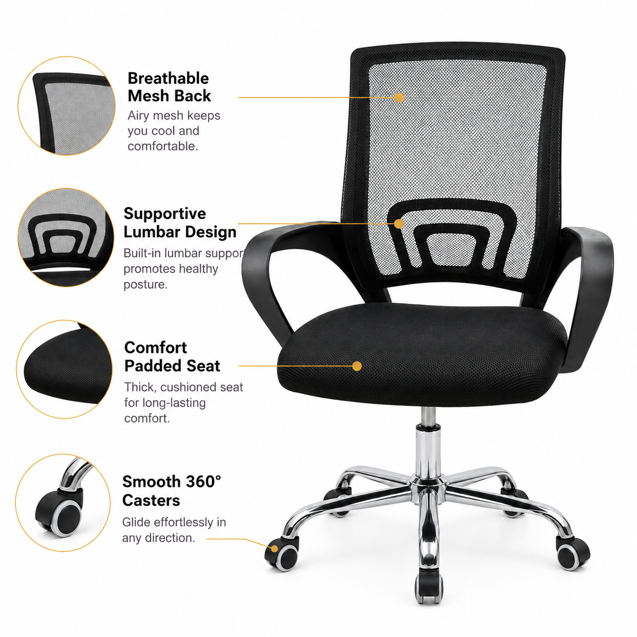 Ergonomic Mesh Office Chair – Breathable Mid-Back Desk Chair with Built-In Lumbar Support, Comfort Padded Seat & 360° Swivel Chrome Base for Home Office, Study (Black)