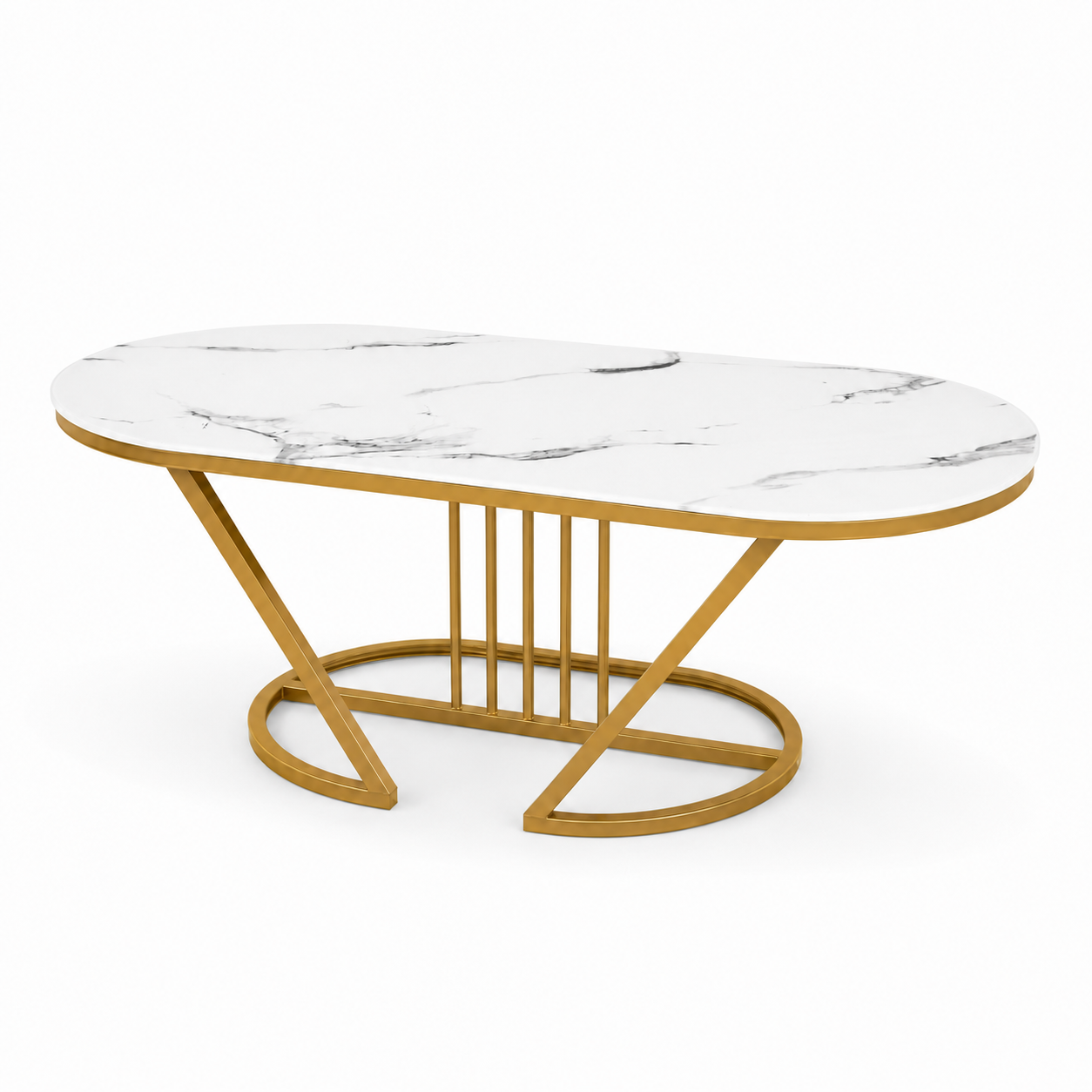 Modern Luxury Marble-Effect Coffee Table with Gold Metal Frame – 100cm Oval Living Room Center Table, Stable Base for Home, Airbnb, Executive Lounge