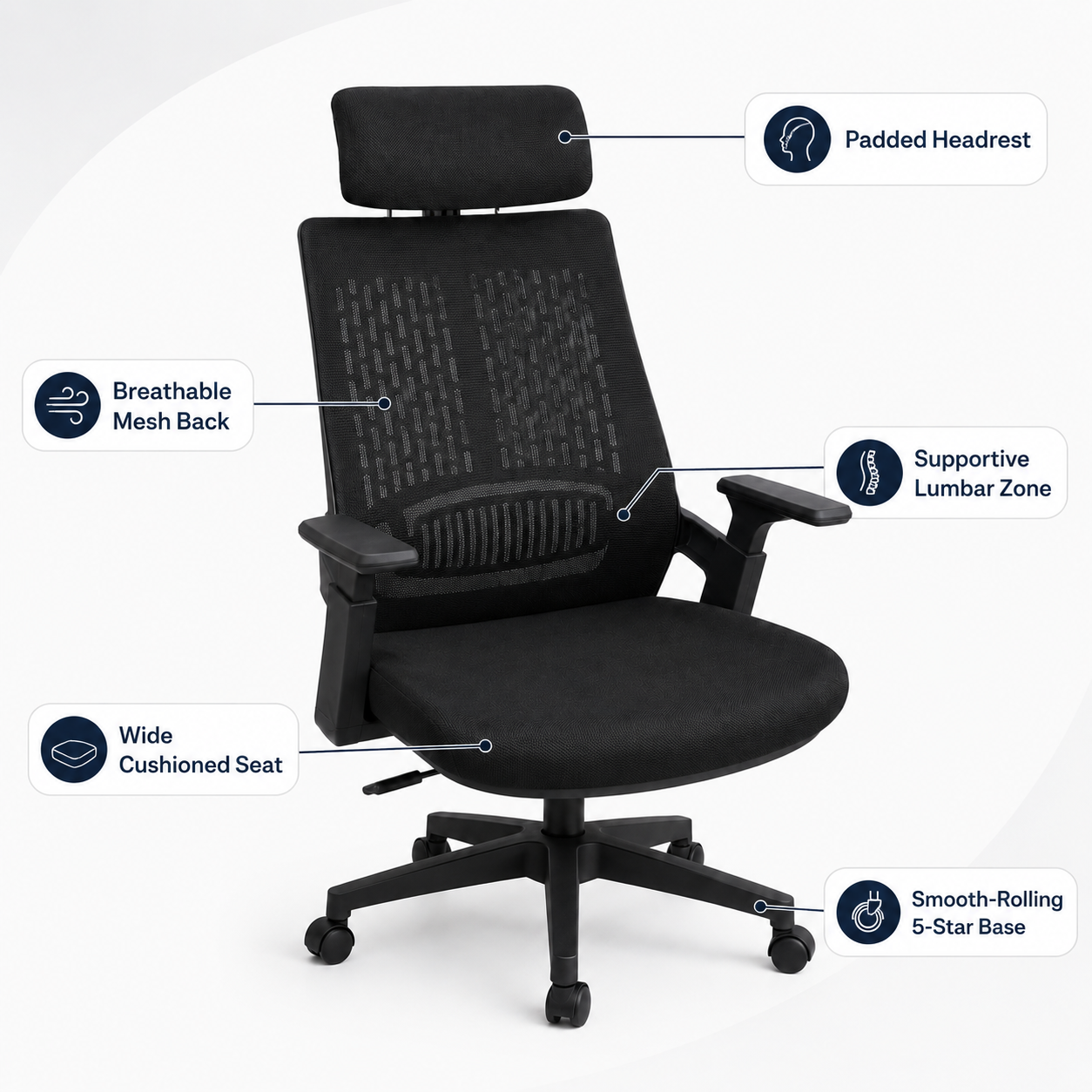 Ergonomic Mesh Office Desk Chair with Adjustable Headrest – High-Back Computer Swivel Chair, Built-in Lumbar Support & Cushioned Seat for Home Office, Executive Work