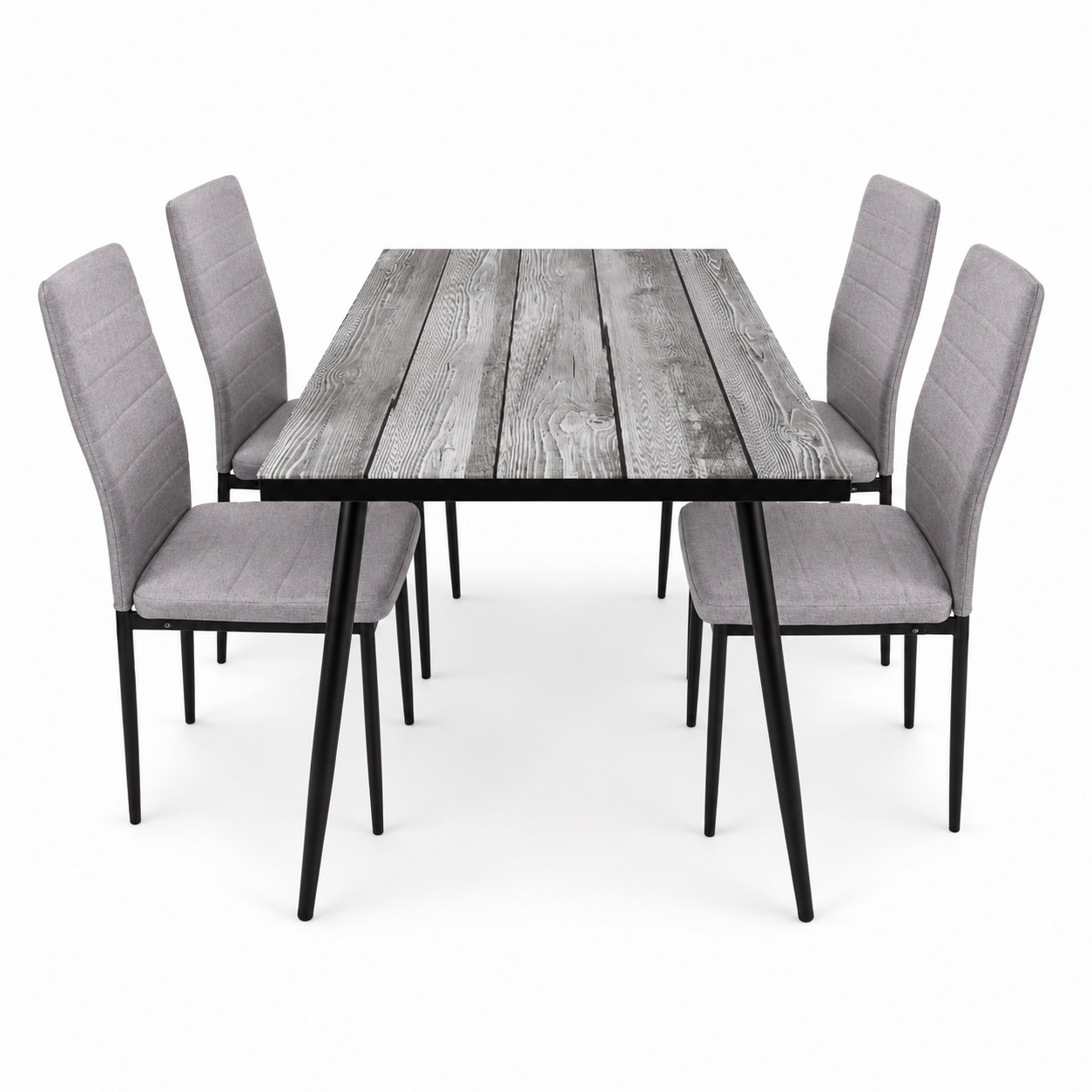 Modern 5-Piece Dining Table Set – Weathered Gray Wood-Style Table with 4 Matching Channel-Stitched Upholstered Fabric Chairs, Stable Metal Legs for Home Kitchen, Airbnb