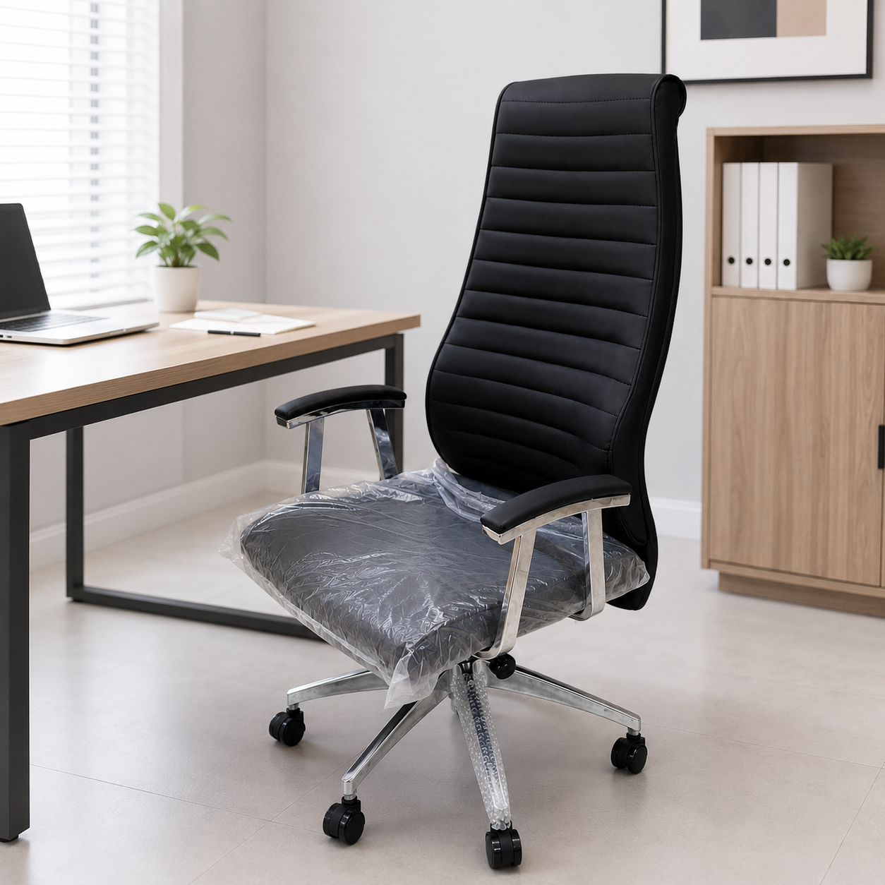Premium Executive Office Chair – High-Back Ribbed PU Leather Desk Chair with Padded Chrome Armrests & 360° Swivel Base for Work & Study (Black)