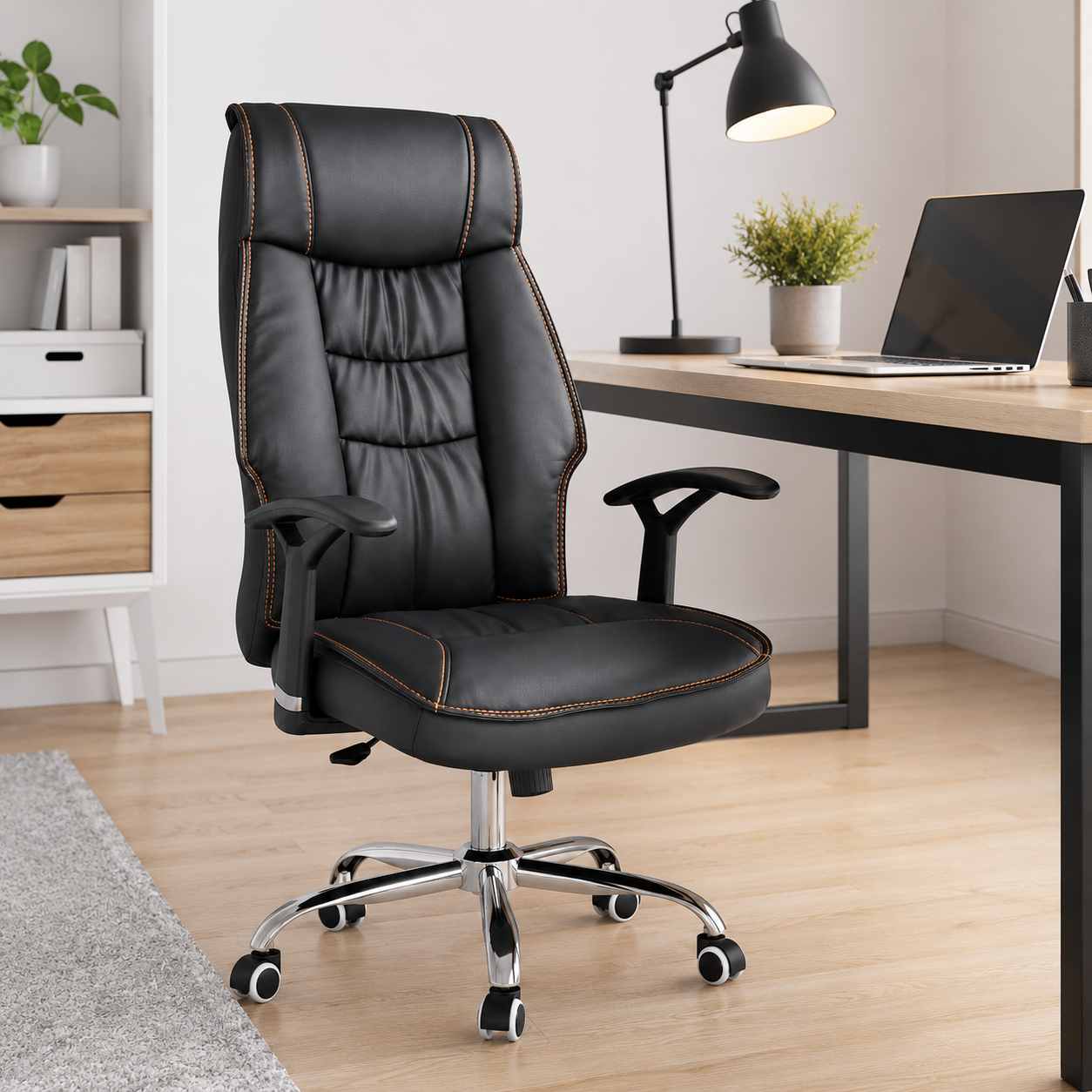 Premium Ergonomic Executive Office High-Back Padded Luxury Desk Chair with Contrast Stitching, 360° Swivel Chrome Base & Adjustable Height Workstation (Black)