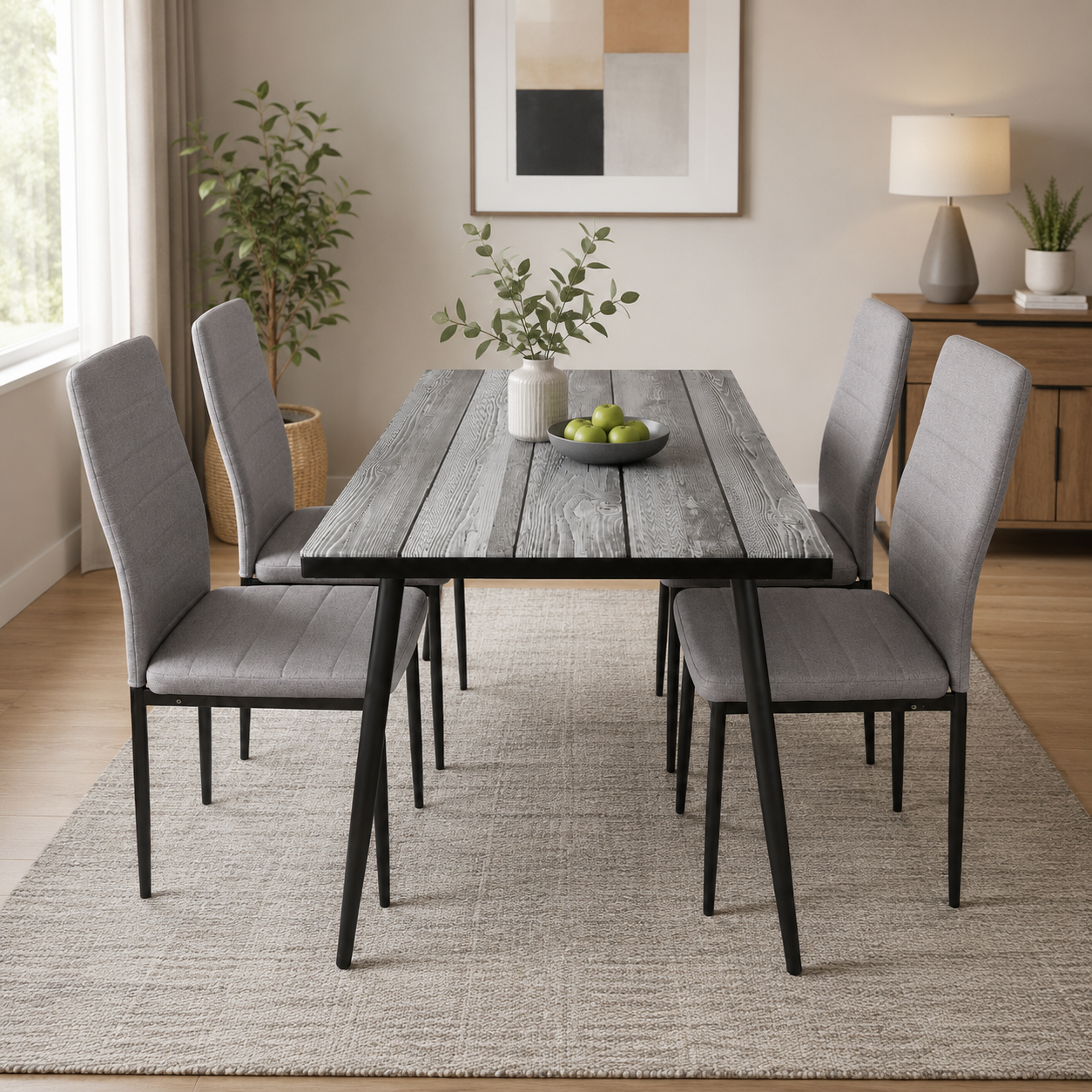 Modern 5-Piece Dining Table Set – Weathered Gray Wood-Style Table with 4 Matching Channel-Stitched Upholstered Fabric Chairs, Stable Metal Legs for Home Kitchen, Airbnb