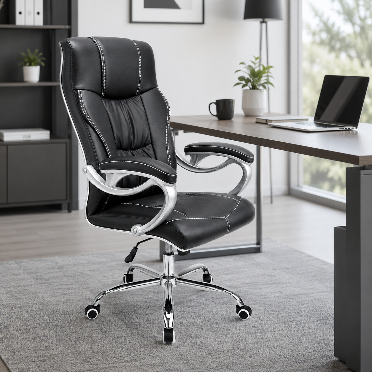 Premium Ergonomic Executive Office Chair F226-1 – High Back Padded Luxury Desk Chair with Chrome 5-Star Swivel Base, Height Adjustment & Soft Armrests for Office, Home Study (Black)