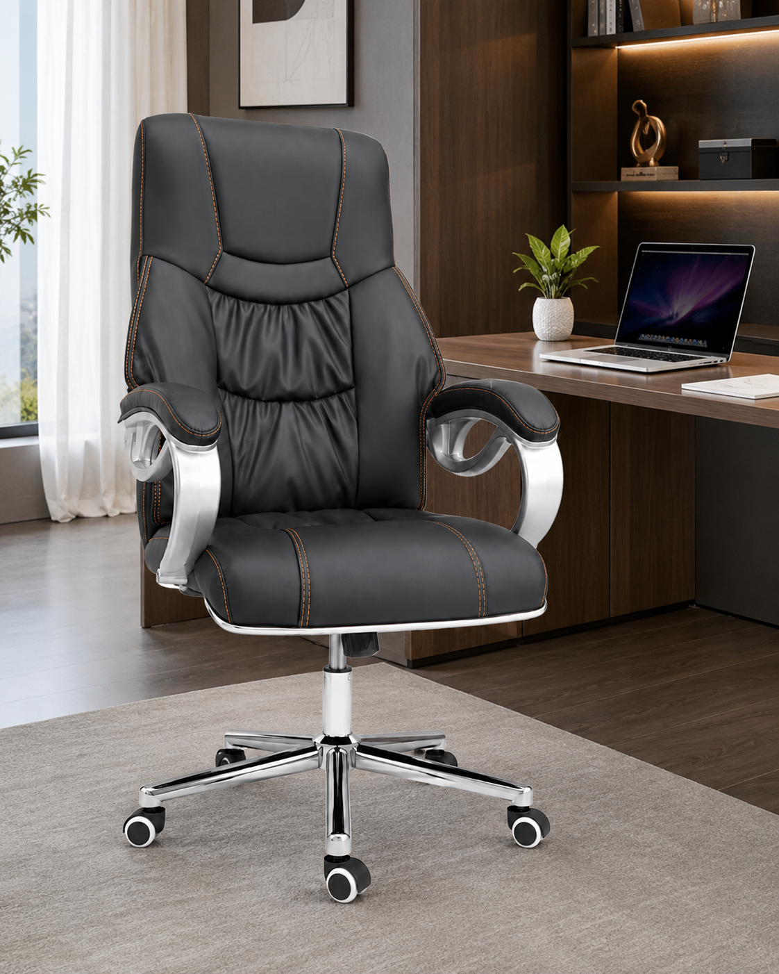 Luxury High-Back Executive Office Chair – Ergonomic PU Leather Desk Chair with Contrast Stitching, Comfortable Padded Armrests & Chrome Swivel Base for Boss, Home Office