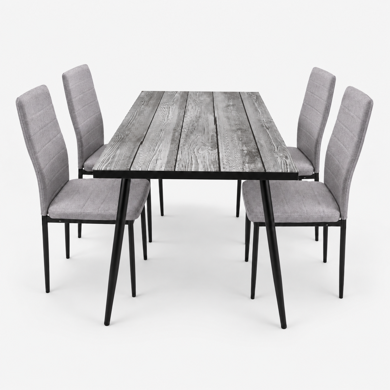 Modern 5-Piece Dining Table Set – Weathered Gray Wood-Style Table with 4 Matching Channel-Stitched Upholstered Fabric Chairs, Stable Metal Legs for Home Kitchen, Airbnb